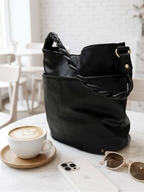 Elegant Black Braided-Handle Shoulder Bucket Bag
